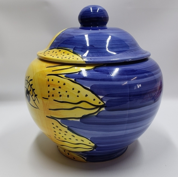 Pier 1 Imports Sun Face Cookie Jar Lid Yellow Blue Hand Painted  Made in Italy - Picture 3 of 16